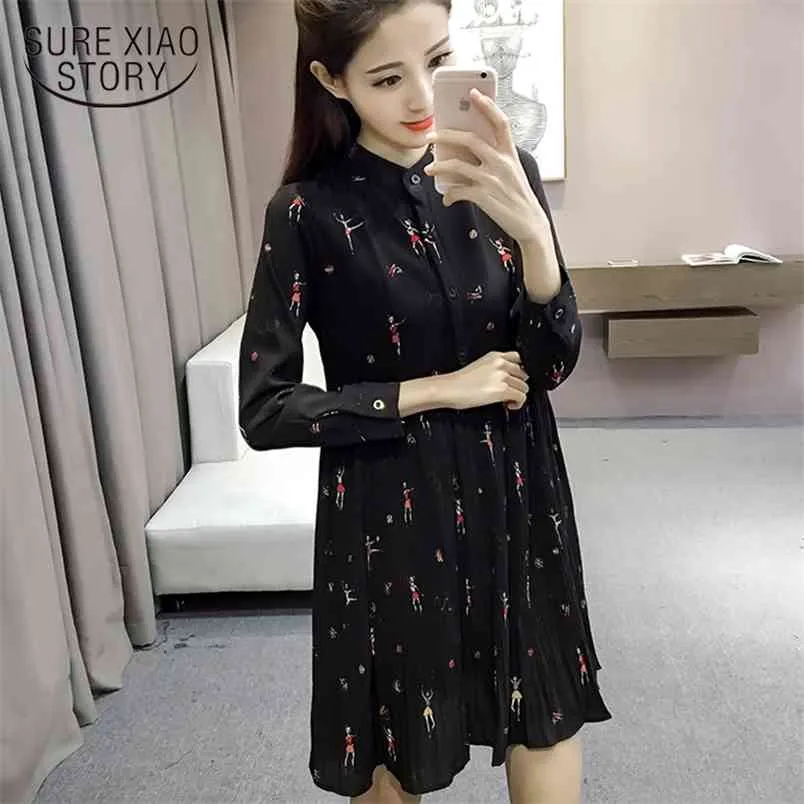 Mode femme robes printemps décontracté plus taille imprimé mousseline de soie vêtements pour femmes à manches longues femmes plissées 2186 50 210506