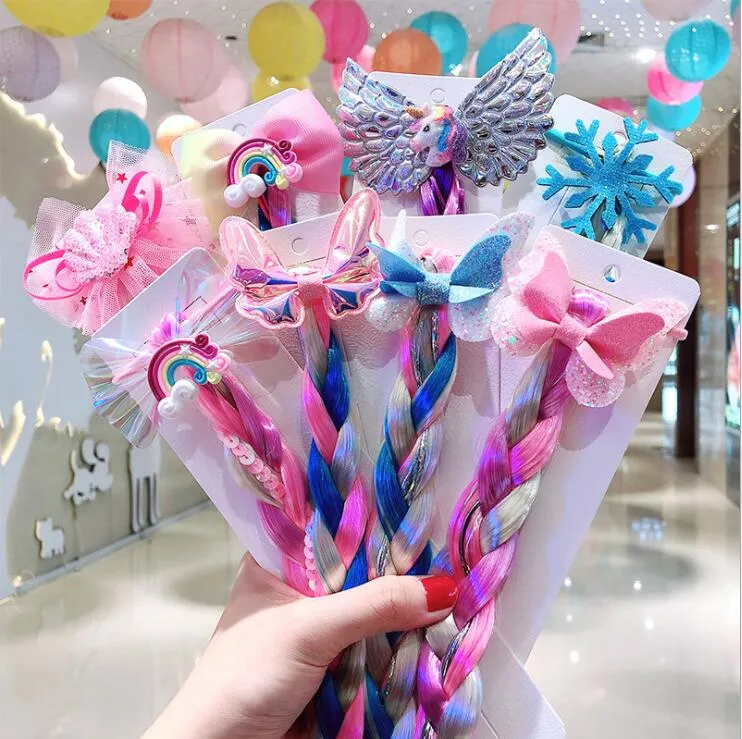 Diadema de unicornio arcoíris de 8 colores con pinzas largas para peluca, pasadores accesorios para el cabello para niñas con lazo brillante navideño