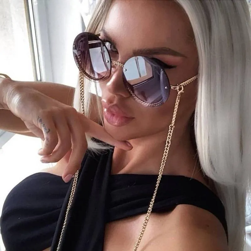 Trend Luxury Round Sunglasses Women Men Purple Shades Brand Designer Rimless Sun Glasses Pearl Chain Decoration For Female