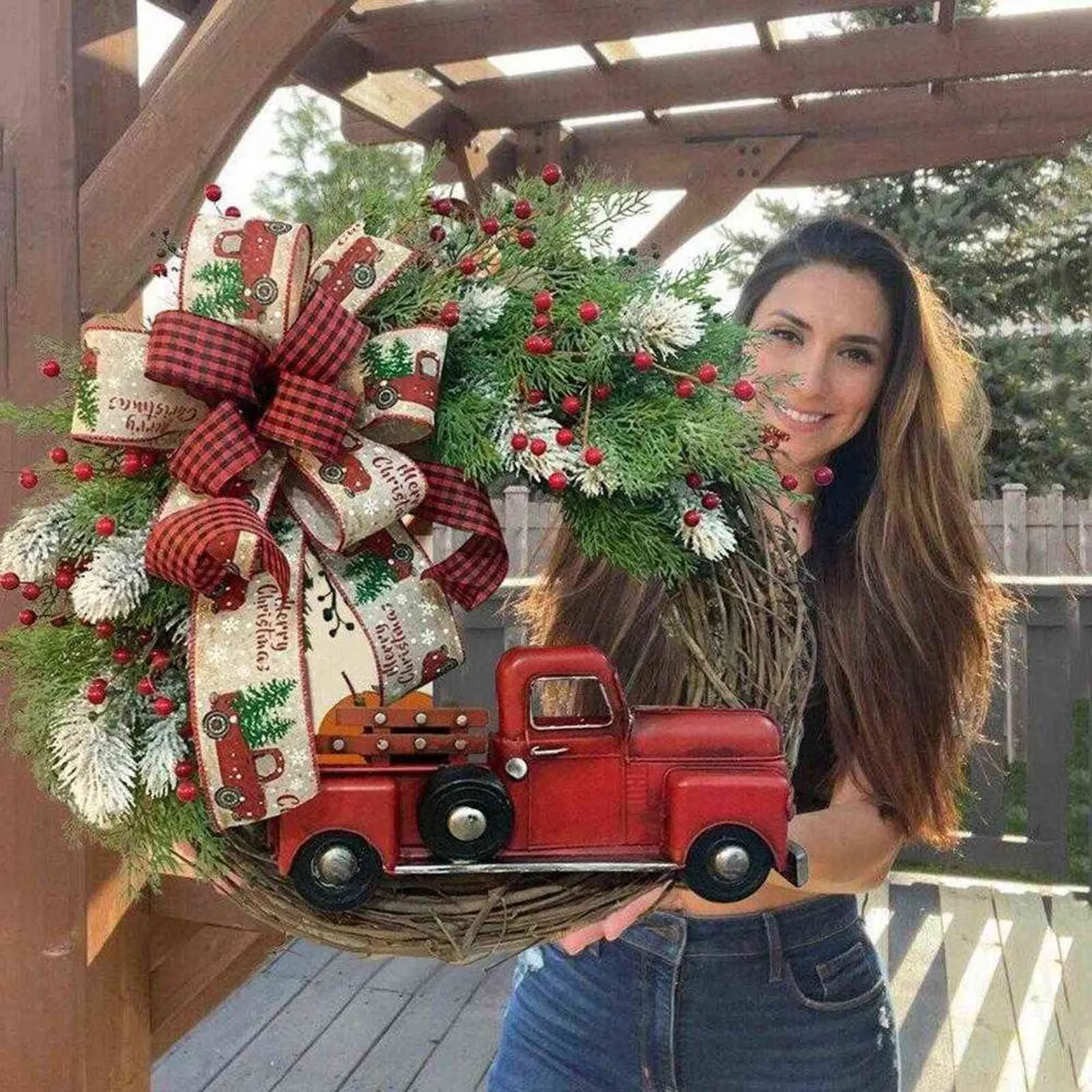 Ins Hot Christmas Decoratie Red Truck Pumpkin XMS Krans Garland Deur Opknoping
