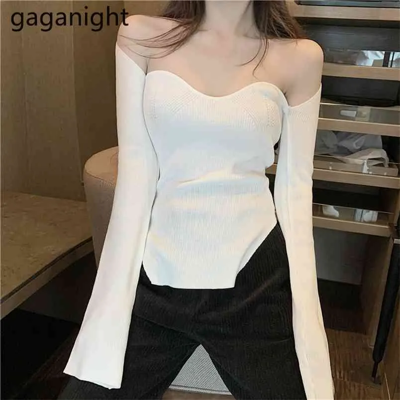 Sexiga kvinnor utanför axel Slash Neck Pullover Solid Långärmad Stickat Toppar Chic Low Cut Lady Slim Pull Femme Tröjor 210601