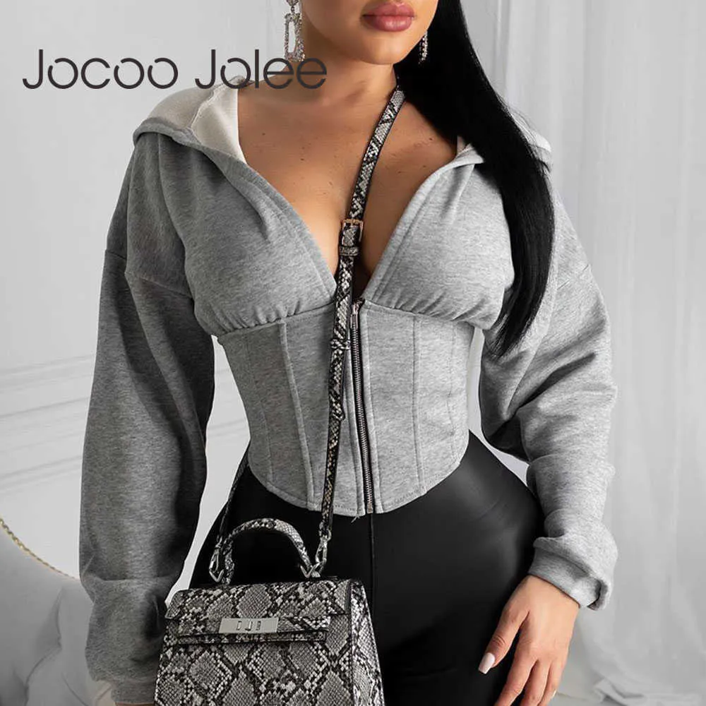 Women Spring Long Sleeve Zipper Hooded Hoodies Sexy V Neck Slim Corset Coat Elegant Solid Short Sweatshirt Workout Gym Jacket 210619