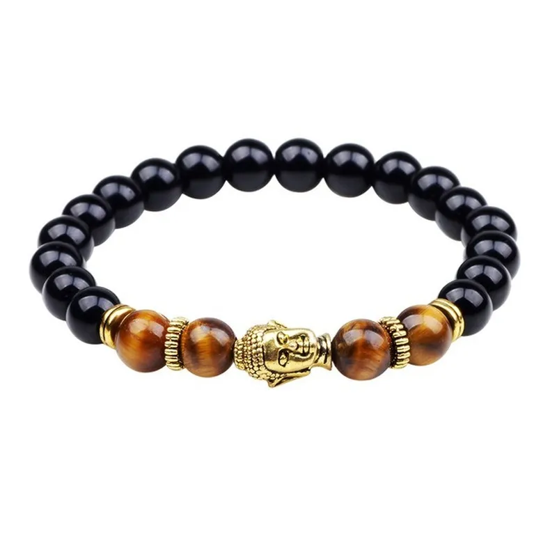 Buddha Head Stretch Bangle Bracelet Handmade Black Agate Stone Beads Bracelet for Women Men