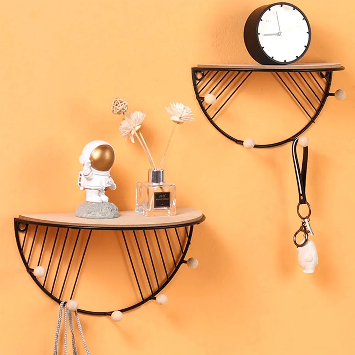 Wall Mounted Shelf Retro Wooden Hook Up Metal Wire Clothes Hanger Rack