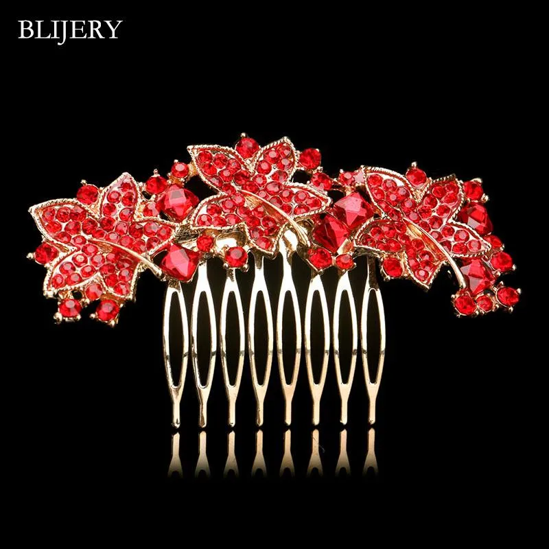 Hårklämmor Barrettes Blijery Gold Color Crystal Wedding Combs for Women Red Rhinestone Leaves Brudtillbehör Prom smycken