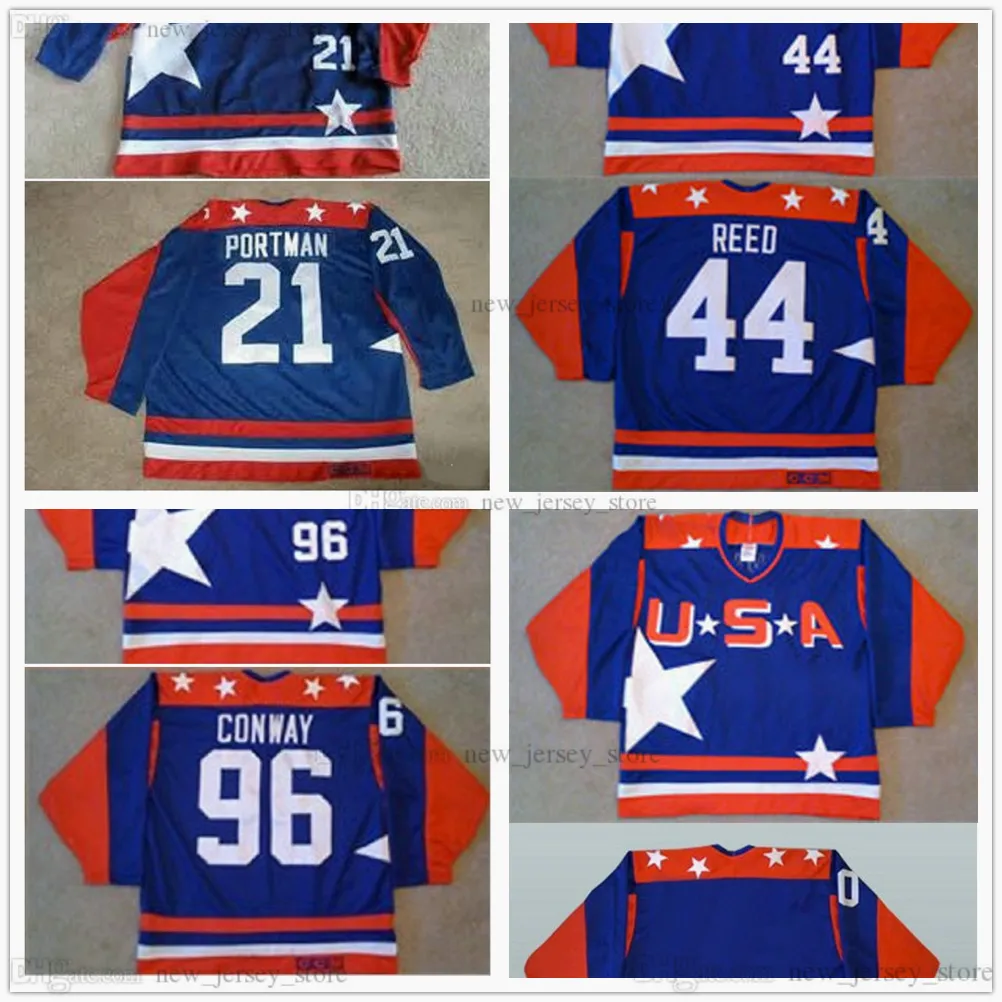 Retro Movie 2017th The Mighty Ducks D2 Team USA Hockey Jerseys Vintage Stitched 96 Charlie Conway 21 Dean Portman 44 Fulton Reed Jersey Blue Embroidery Jersey Logos