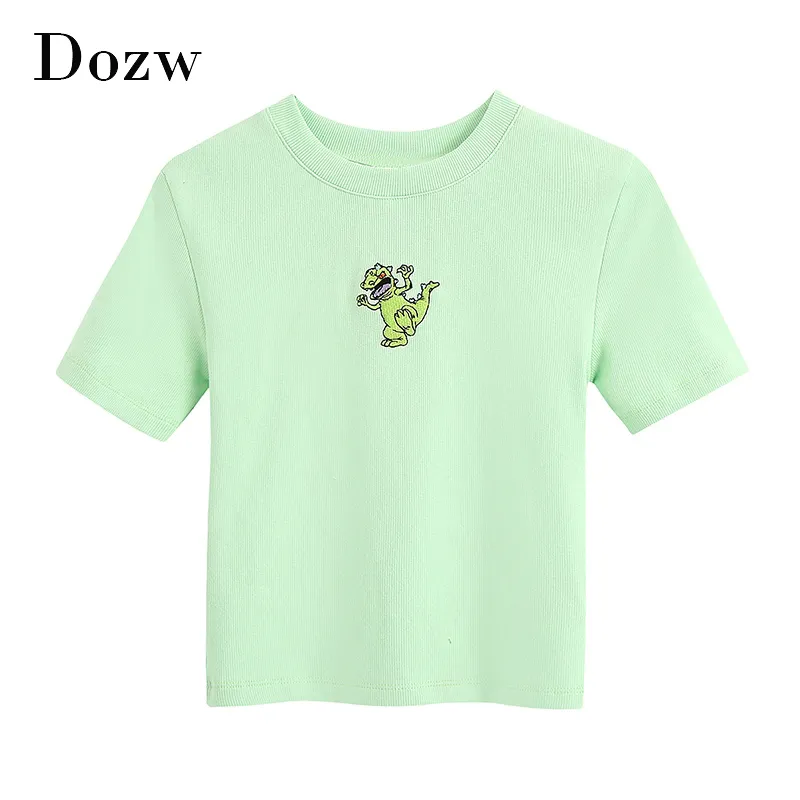 여성 니트 만화 티셔츠 여름 캐주얼 O 넥 스트리트웨어 자르기 짧은 소매 귀여운 티셔츠 Camisetas 210414