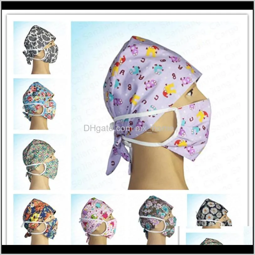 floral cartoon nurse cap doctor hat and face mask two piece set washable protective cotton masks nursing headwear anti dust covers