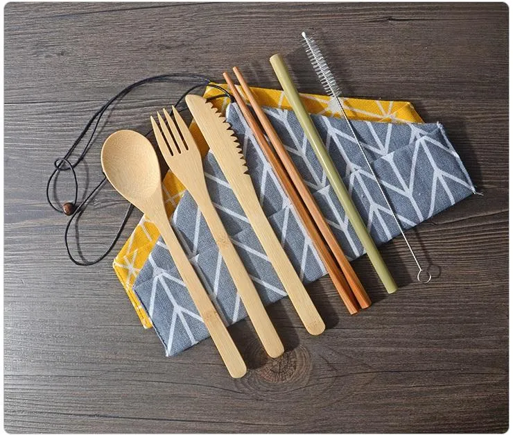 Ensembles de vaisselle Portable cuillère en paille de bambou naturel fourchette couteau baguettes brosse de nettoyage ustensiles de cuisine ensemble de couverts WB305