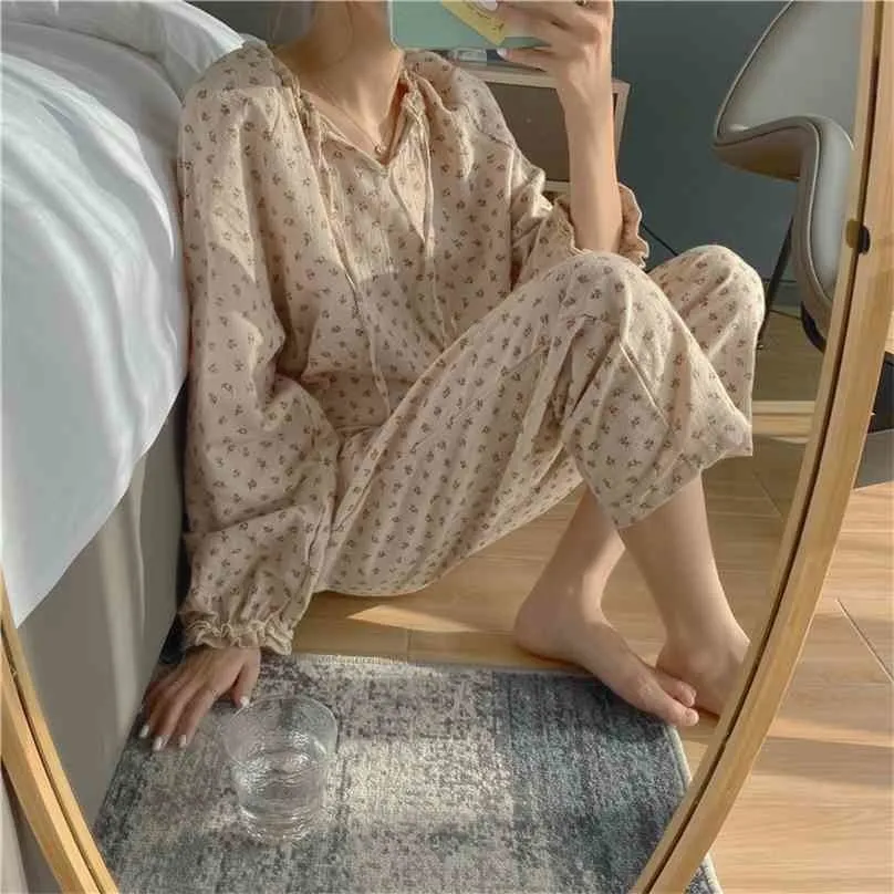 Homewear di alta qualità Stampato Florals Cotton Princess Sweet Chic Girls Stylish Sleepwear Sale Pigiami Set 210525