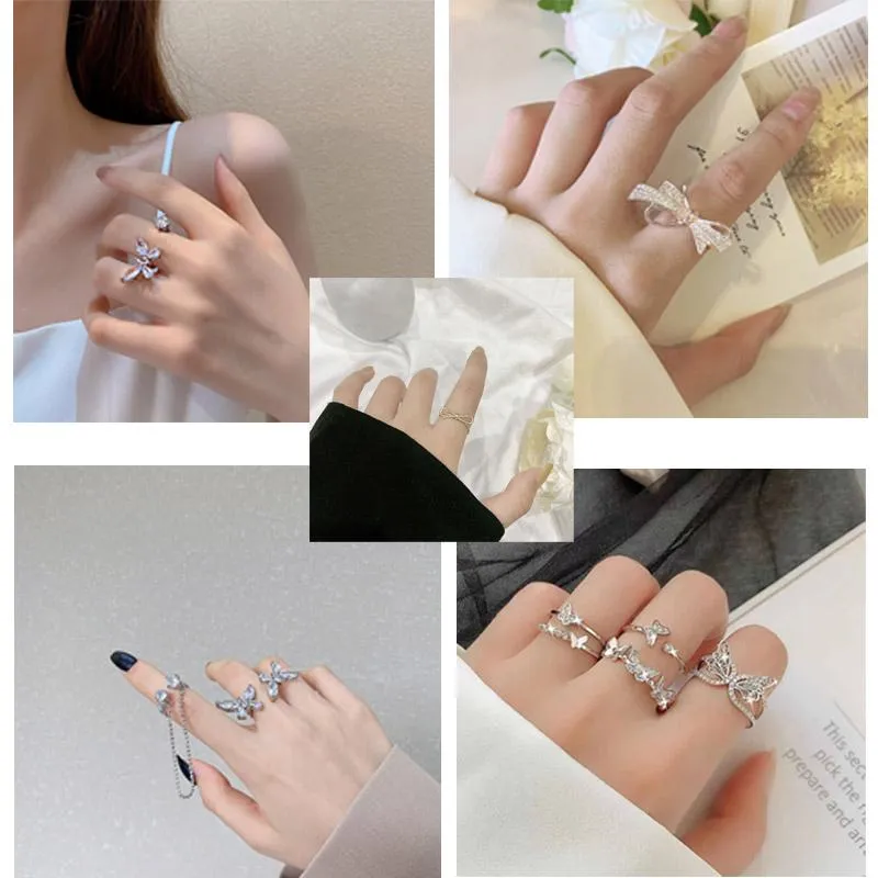 Wedding Rings Butterfly Chain Vrouw Koreaans Simple Rhinestone Crystal Casual Opening Bow Finger Ring For Women Engagement Party Sieraden