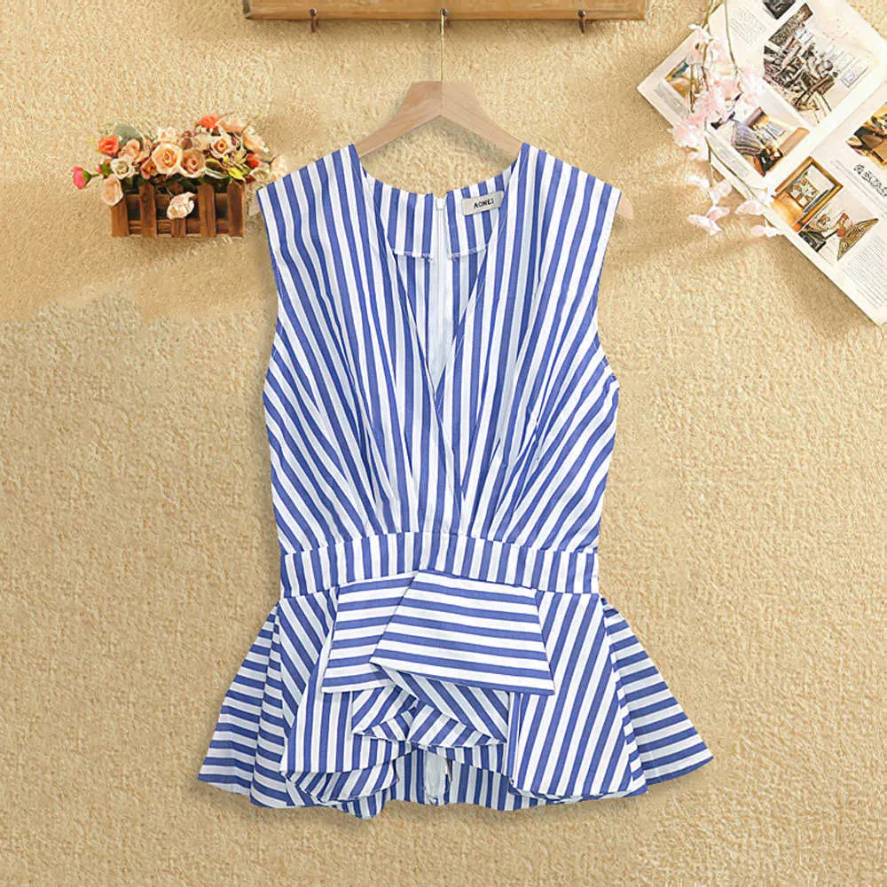 Kvinnors V Neckblå och Vit Stripe Peplum Toppar Ärmlös Blusar Med Ruffles Rainbow Färg Striped Summer Blusas 5XL 4XL 210527