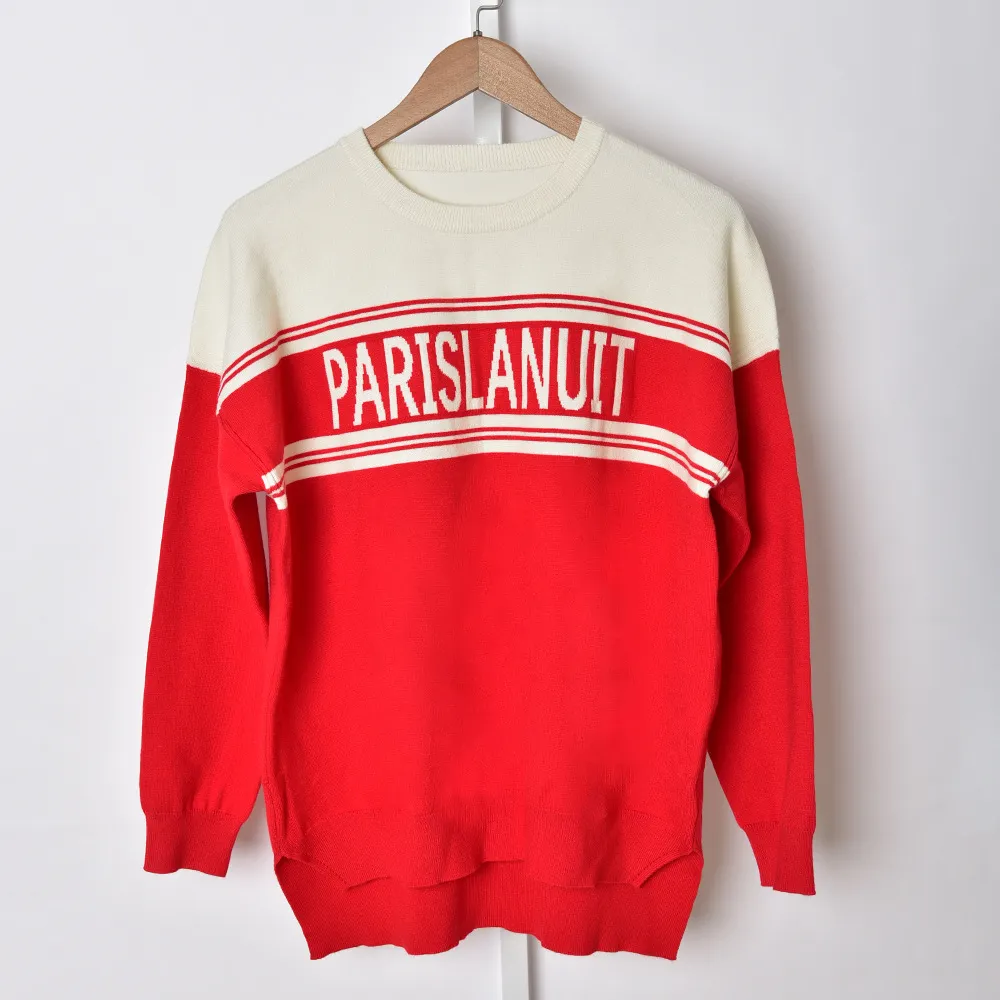 2021 Autumn Fall Long Sleeves Round Neck Red Contrast Color Knitted Pullover Style Sweater Women Fashion Knits Tops S2721098