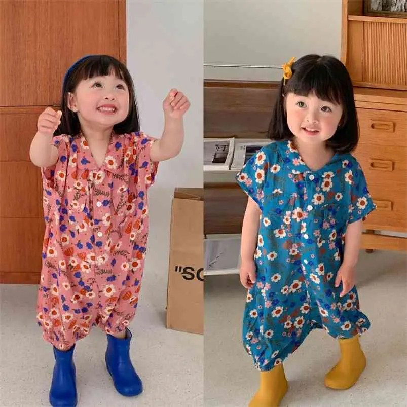 Summer Boys And Girls Jumpsuit Unisex Japanes & Korean Style Flower Button Lapel Loose Baby Kids Children'S Clothing 210625