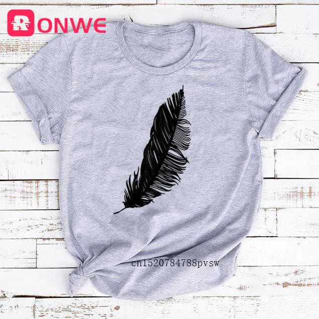 2021 Kvinnor Casual Harajuku Fashion T-shirt Feather Print Loose O-Neck Kortärmad Elastisk Sträckt Sommar Hem Ny Tee Shirt X0628