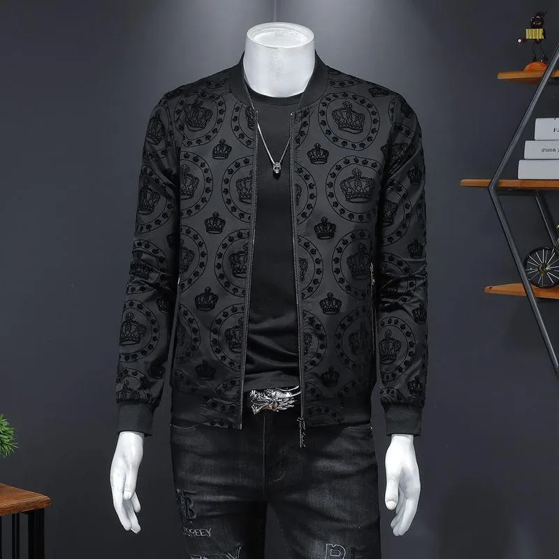 Vestes pour hommes couronne Vintage veste hommes 2021 printemps hommes coréen mince Club tenue Bomber noir imprimé Jaqueta Masculina