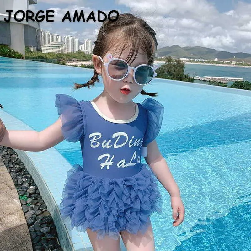 Verão Adolescentes Girls Swimwear 1-PCS Conjuntos Carta Tutu Aberto Voltar Swimsuit Crianças Cute Style Roupas E4007 210610