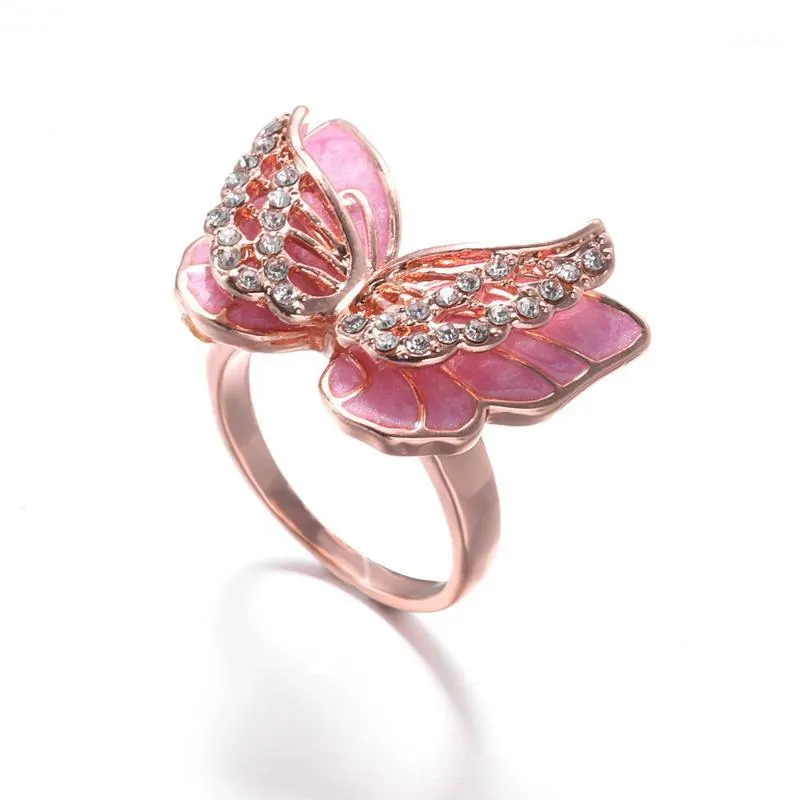 Kluster Ringar Utsökt Kvinnor Rosa Kristall Zircon Ring Butterfly Animal Cocktail Party Smycken Personlighet Alla hjärtans daggåva