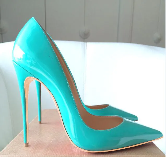 Casual Designer Office Lady mode femmes chaussures vraie photo turquoise en cuir verni bout pointu stiletto strip-teaseuse talons hauts pompes de soirée de bal grande taille 44 12cm