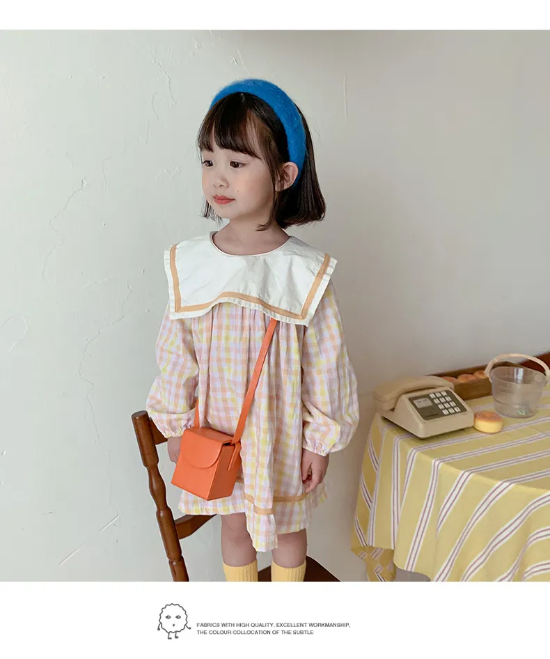 Girls Gingham Dresses Sailor Collar Spring 2021 Kids Boutique Clothing Korean 1-6T Children Cotton Check Dress