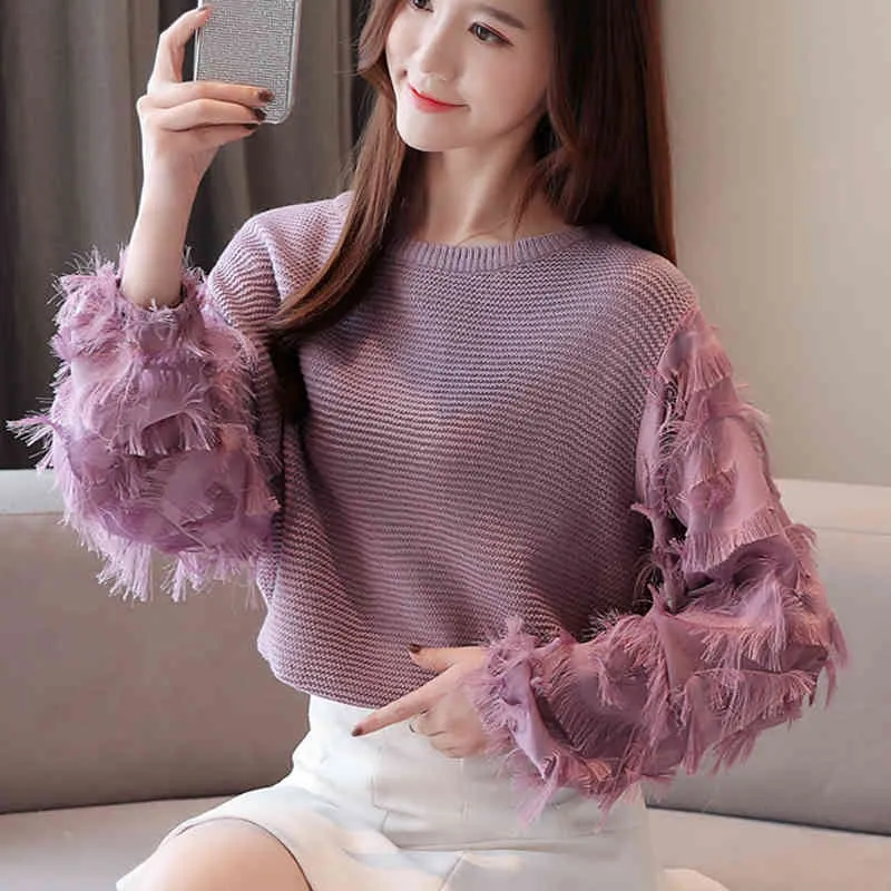 Suéter das mulheres das mulheres blusa em torno do pescoço arco coreano borla borla splice blusas de malha mulheres soltas casuais pulôver camisola 64J 210420