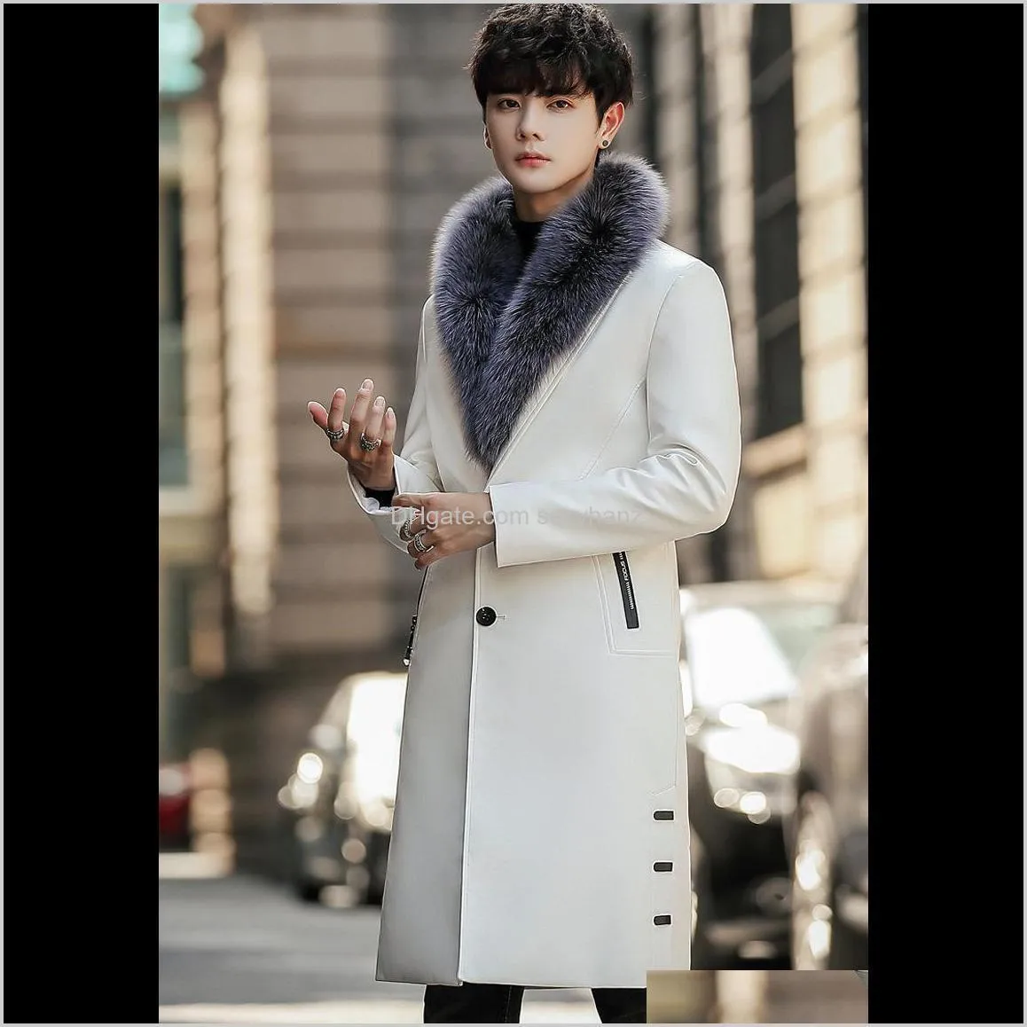 big fur collar white long overcoats mens luxury long leather jackets black winter trench coats for mens stylish steampunk cloak1