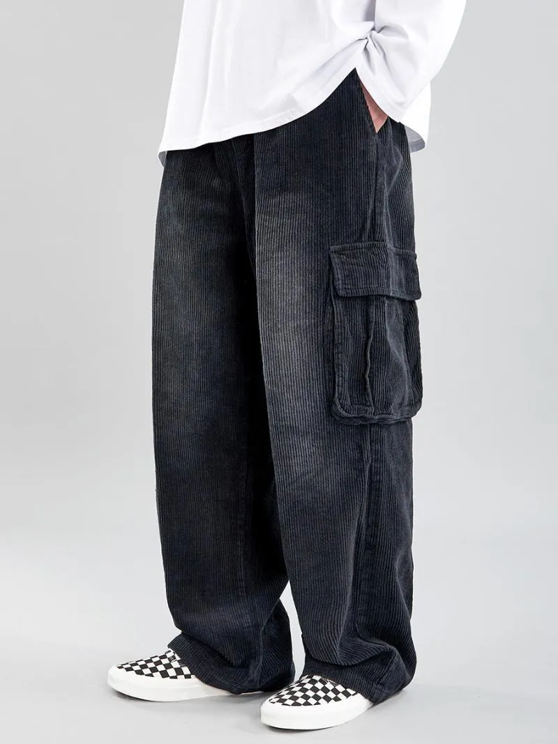 Pantalon cargo décontracté hip hop à jambe droite avec logo Street Lazy pour homme en velours côtelé