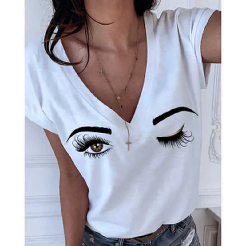 Summer Plus Size 5XL Eyebrows Eye Print Short Sleeve V-neck Women T-shirt 2020 Fashion New Casual Tops Graphic Tshirts Female Y0629