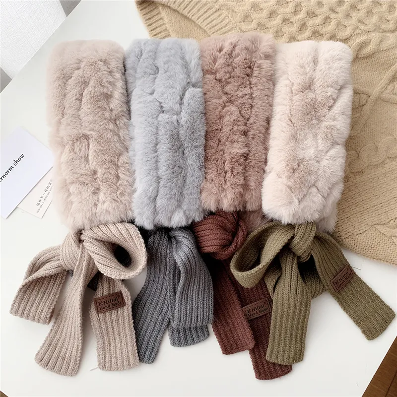 Korean Style Fashion Women Long Scarf Autumn Winter Warm Faux Fur Bow Collar Neck Scarves Sweet Girls Comfortable Super Soft Shawl