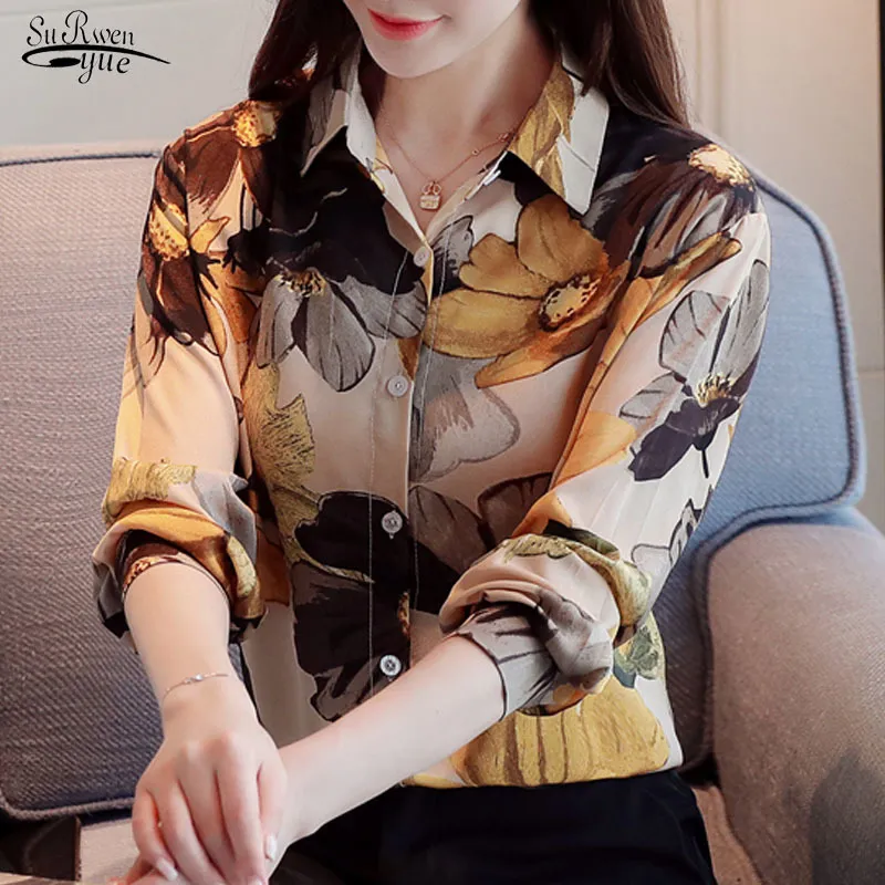 Daling elegante revers lange mouw vrouwen shirt Koreaanse losse slanke casual olieverf printed chiffon blouse blusas mujer 10746 210521