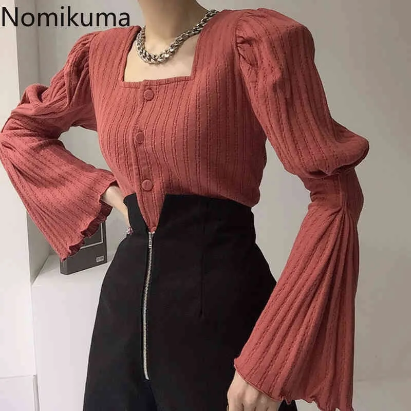 Nomikuma Koreanska Square Collar Stickad Cardigan Flare Långärmad Slim Knitwear Coat Nya Single Breasted Women Sweater 6D241 210427