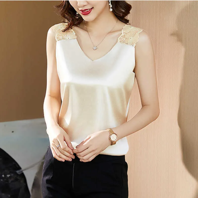 Silk Women Tops Woman Satin Blouses Shirts Sexy Lace Blouse Elastic V-neck Shirt Top Plus Size 5XL 210604