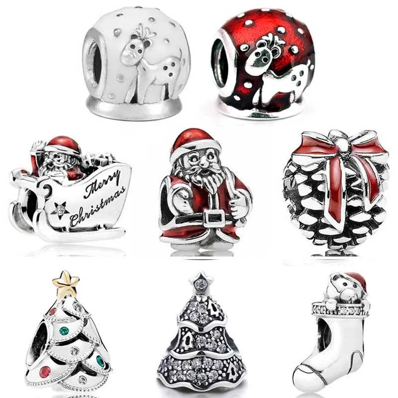 Świąteczny świąteczny Twinkling Drzewo Santa Snow Globe Moose Stocking Koraliki Fit Europe Bransoletka 925 Sterling Silver Charm