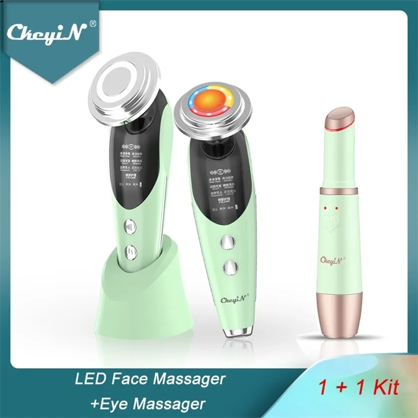 CkeyiN GREEN Face Beauty Machine 7In1 EMS LED Light Wrinkle Removal Skin Tightening Heated Vibration Eye Massager Wand 5 220216