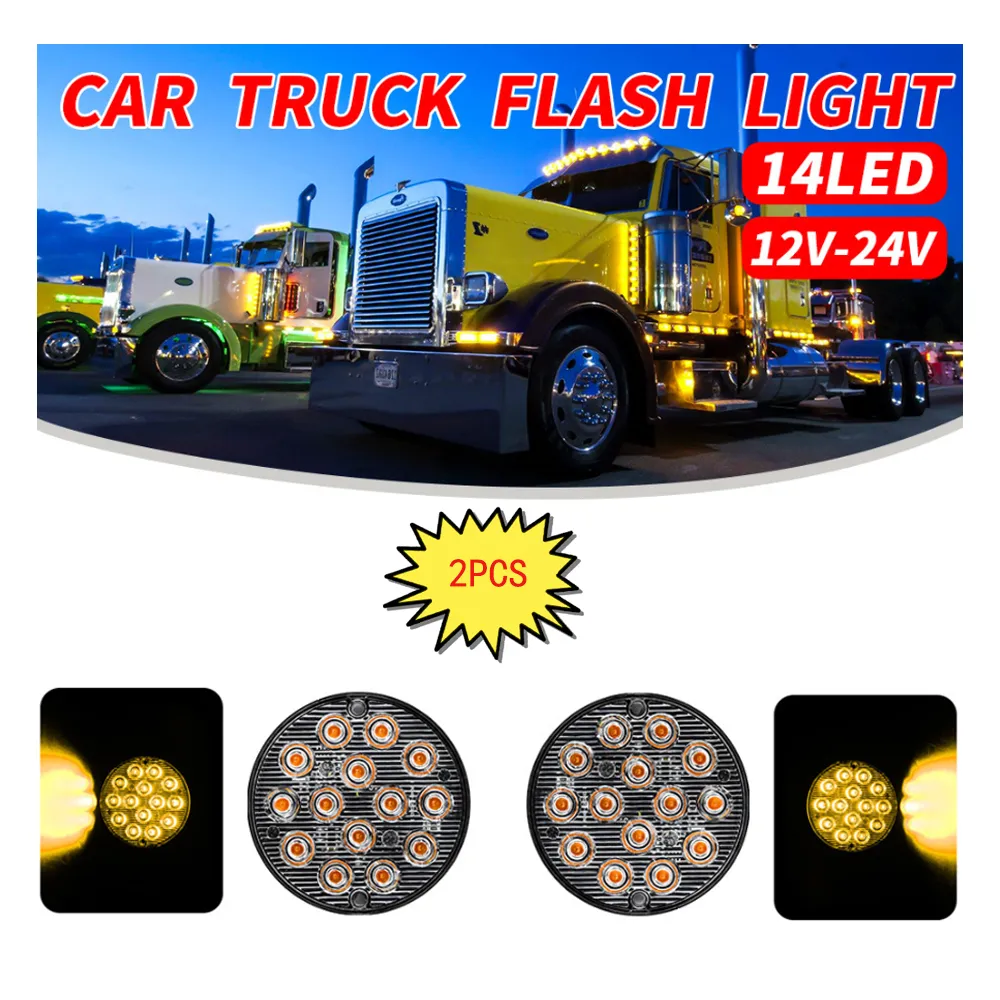 2 pièces universel jaune 12V 24V Ultra-mince rond 14 LED feu arrière feu arrière avertissement latéral lumière stroboscopique pour camion remorque moto