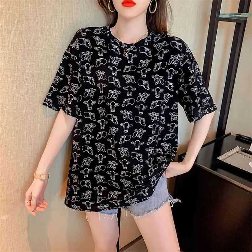 Zomer Korte Mouw Fashion Afdrukken Mid-length Dame T-shirts Top T-shirt Dames Dames Grafische Vrouwelijke Losse T-shirt 210507