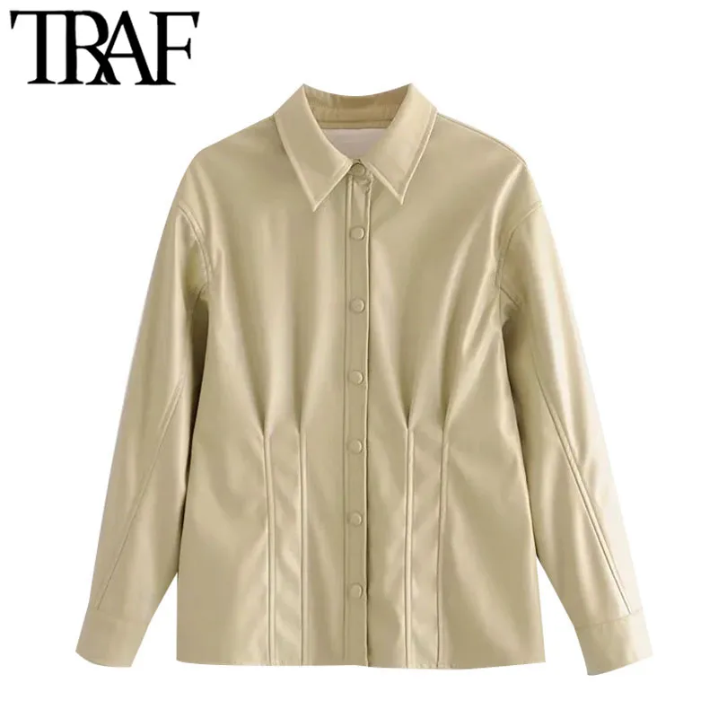 Traf kvinnor mode faux läder veckade bloues vintage långärmad snap-button kvinnliga skjortor blusas chic topps 210415