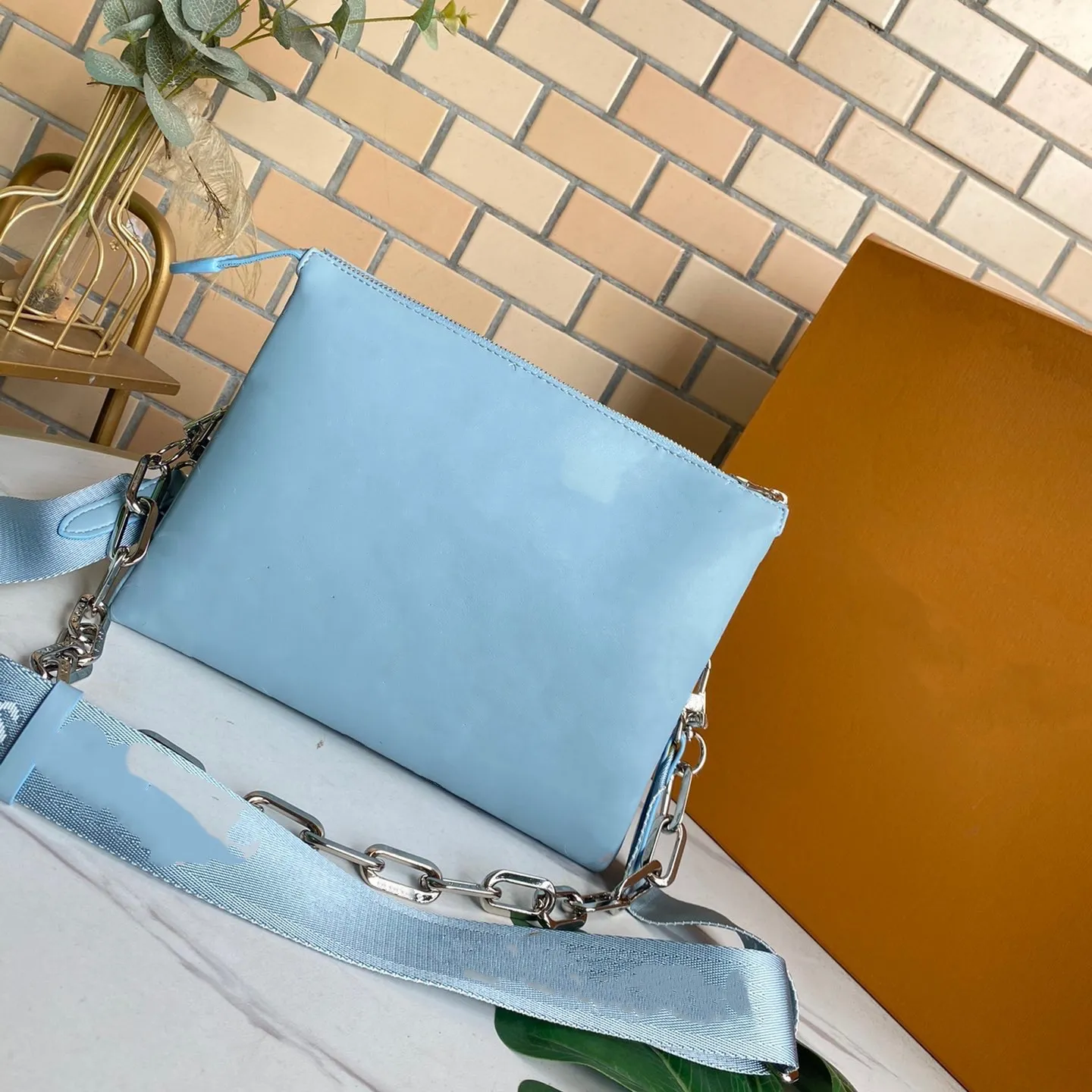 Beige Silver Gold Sky Blue Updated Colors Women Coussin Bag PM size Puffy Leather Two Attached Pouches Lady Evening Bags With Heavy Chain Crossbody