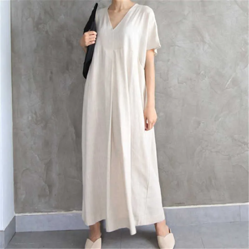 Summer Losoe Casual Minimalism Korea V Neck Plus Size Cottin Linen Slim Short Sleeve Dress Long Womens Girl Female E077 210603