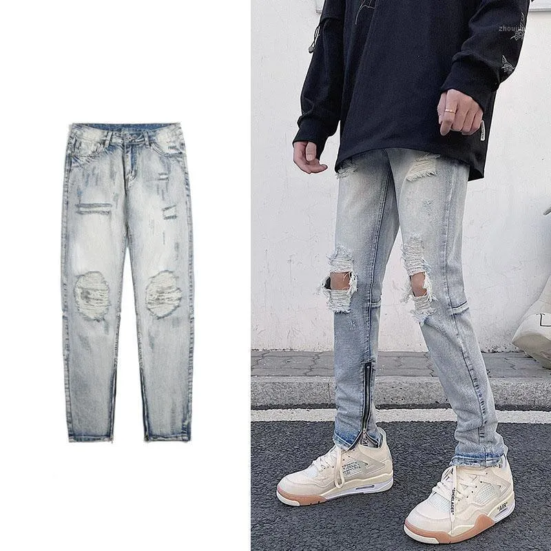 Mode hi-street mens hip hop skinny passform vintage tvättade denim byxor bekymrade rippade jeans med hål sidoklippare för manliga män