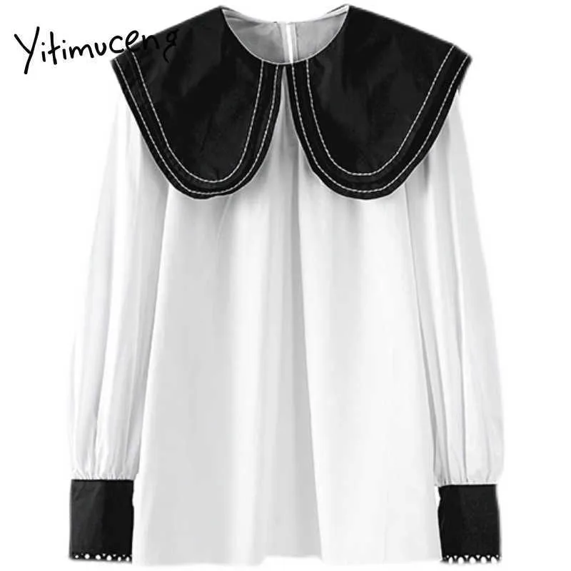 Yitimuceng blusa branca mulheres vintage zipper camisetas Peter Pan Collar Manga Longa Primavera Reta Primavera Fashion Tops 210601