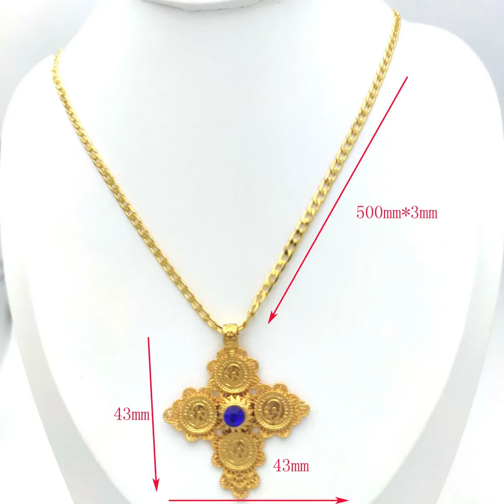 Cross Pendant Blue CZ Necklace Gold Colour Head portrait Coin SELLER FAST FREE Curb Chain 500mm