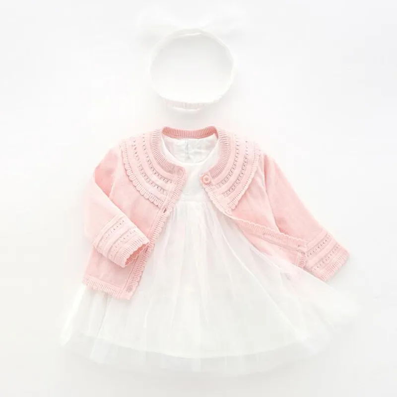Bebek Bebek Kız Uzun Kollu Örme Hırka Coat + Elbise Giyim Setleri İlkbahar Sonbahar Çocuklar Kız Giysileri Suit 210429