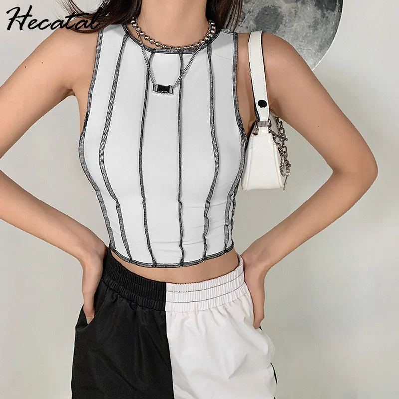 Heeatal, Top corto negro Sexy, ropa para mujer, camiseta sin mangas con empalme a la moda para mujer, Top con corsé Sexy para mujer, Top ajustado 2021 para mujer X0507