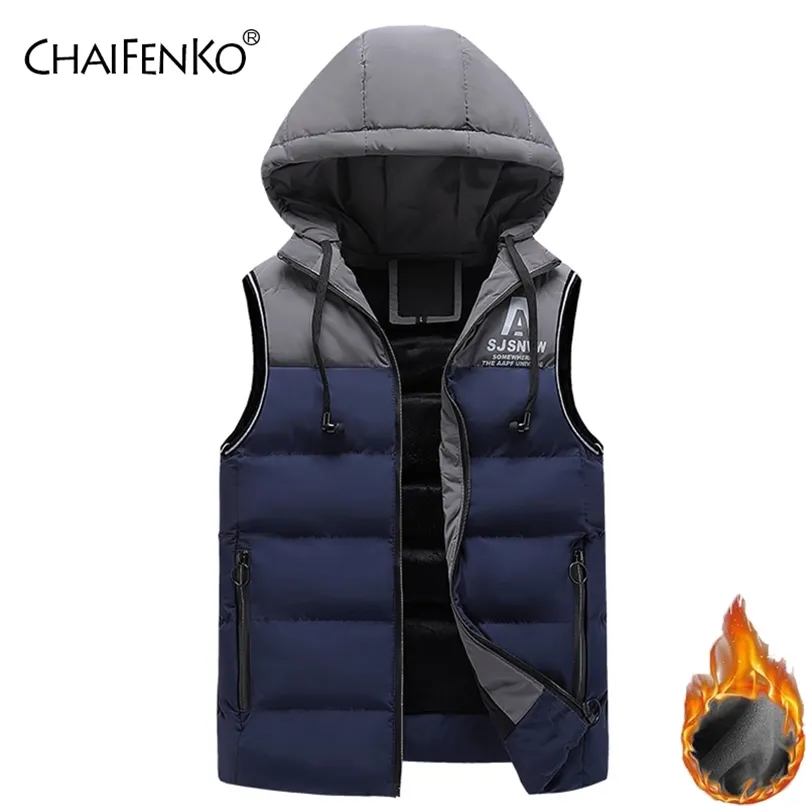 CHAIFENKO Marque Gilet Veste Hommes Hiver Polaire Chaud Sans Manches Mode À Capuche Casual Automne Épaissir Gilet 210923