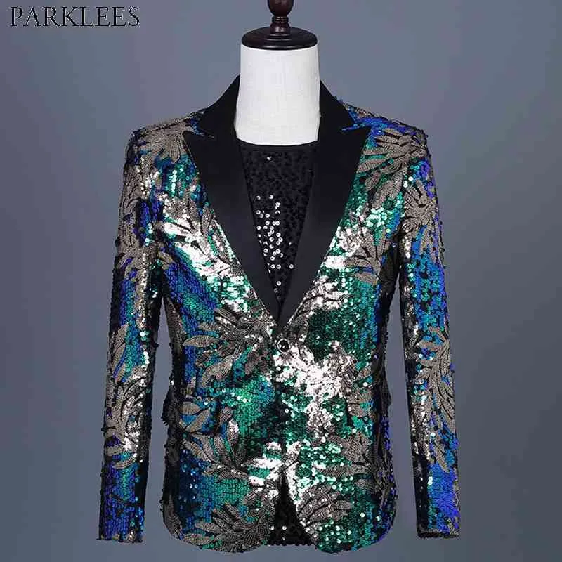 Luxe Floral Sequin One Button Suit Jacket Mannen Party Show Shiny Glitter Blazers Mens Stage Prom Rock and Roll Costumes 210522