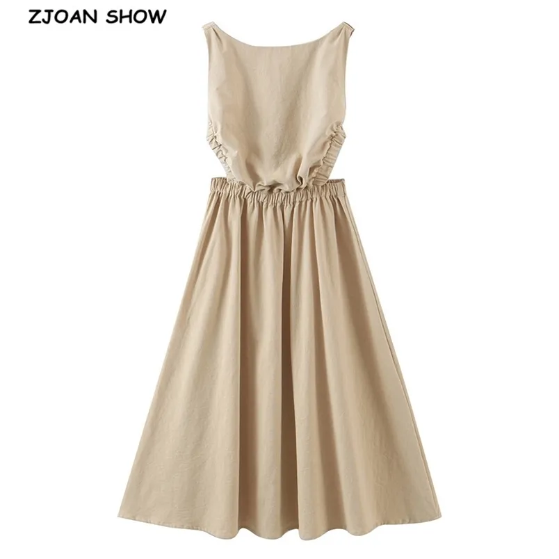 Cruz de Verão Cruz Elastic Bandagem Big Hollow Out Backless Dress Khaki Mulheres Slim Cintura Balanço Midi Tanque Vestidos Sem Mangas 210429