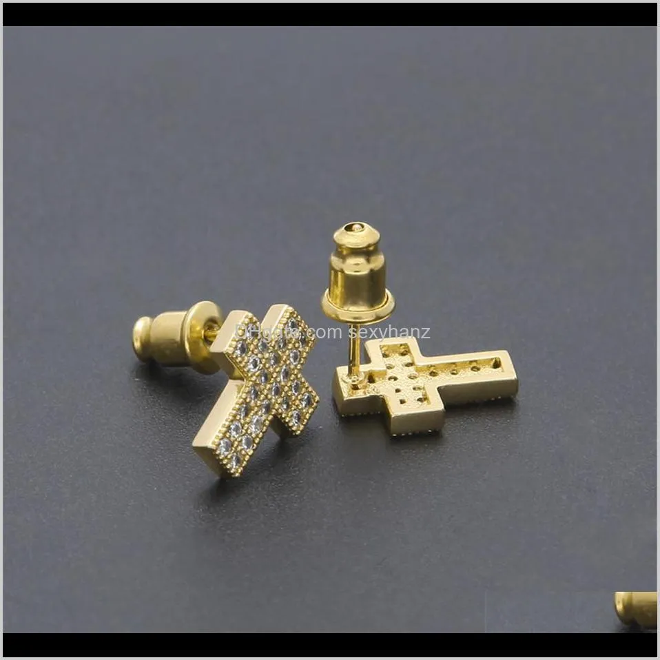 new men women fashion cross shine lced out full zircon rhinestone crystal gold stud earrings hip hop jewelry