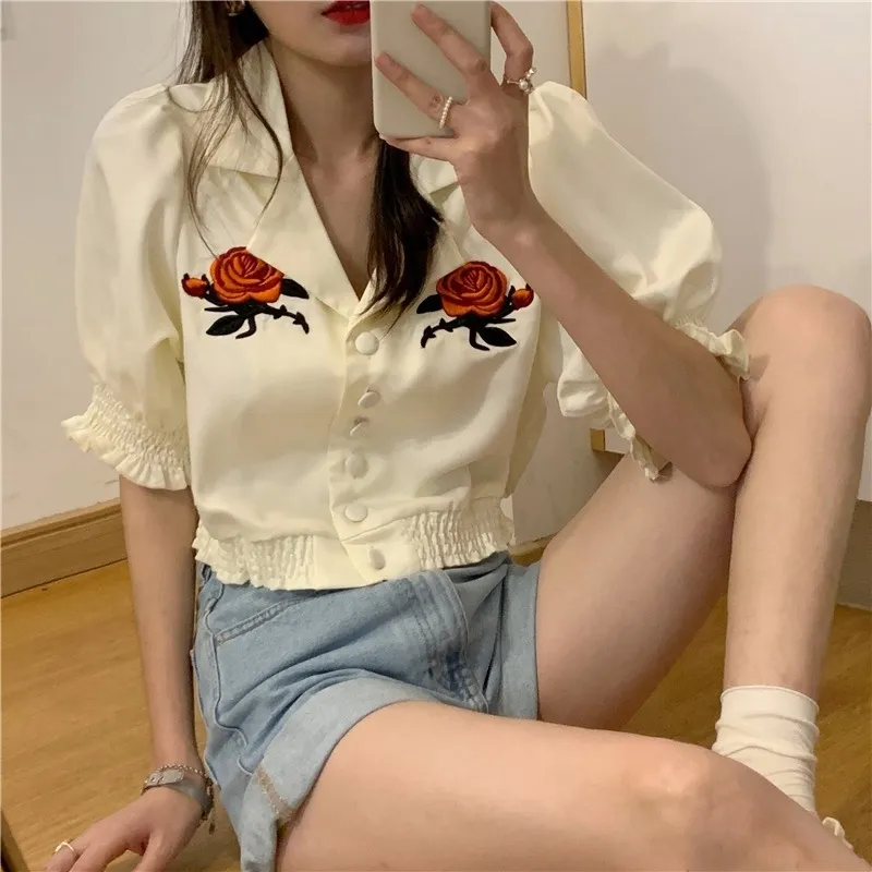 Comelsexy Dames Chique Blouse Floral Femme Gentle Short Shirts Office Lady High Taille Streetwear Summer Tops 210515