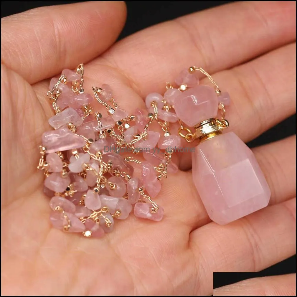 Natural Stone Perfume Bottle Necklace Irregular Pink Quartz Pendant Charms for Elegant Women Love Romantic Gift 60 Cm